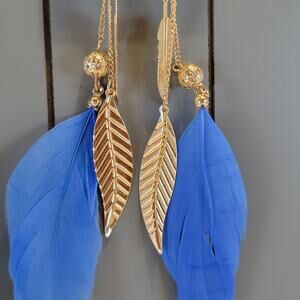 Blue Feather Leaf Dangle Earrings Gold Chain 5.75" Long Body Central 5.75" Boho